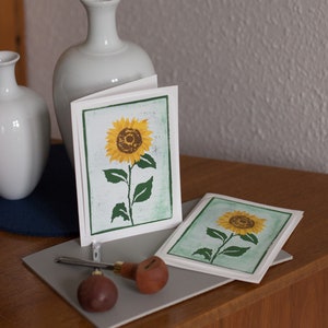 Postcard Sunflower Linoprint – Grußkarte Klappkarte Sonnenblume Linolschnitt Linoldruck – signiert 1/20 2020