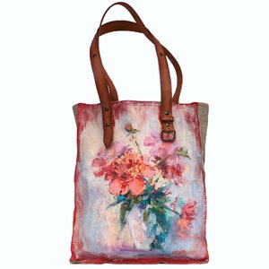 Flowers in the vase bag, Abstract Art, Landscape Painting, Oil Painting, Design Bag, Leather Bag, Vintage Leather, Painted Bag, Custom Bag image 2