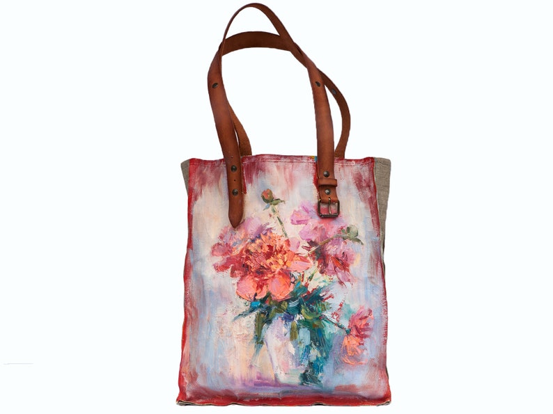 Flowers in the vase bag, Abstract Art, Landscape Painting, Oil Painting, Design Bag, Leather Bag, Vintage Leather, Painted Bag, Custom Bag image 2