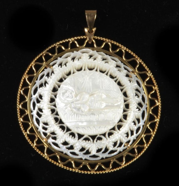 Jerusalem 18K Carved Mother-of-Pearl Pendant w/ Ma