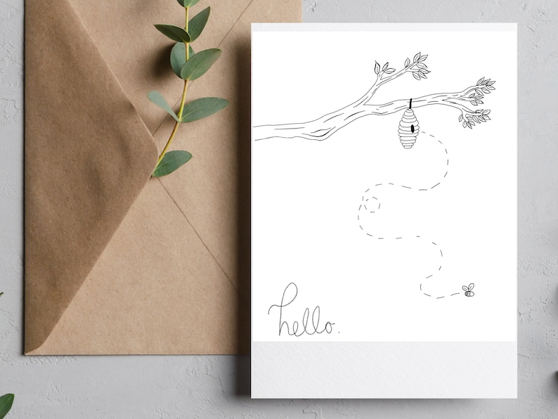 Printable Honeybee Coloring Page, Digital Download Pollinators Bumblebee Post Card Blank Post