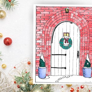 Druckbare Handgemalte Aquarell Weihnachtskarte | Verschneite Haustür | Magische Winter Haustür Postkarte | Sofortiger Download, Digital Dwnld