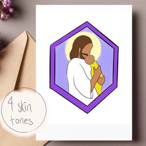 Afdrukbare miskraamkaart | Jezus houdt baby vast met verschillende huidskleuren | Kaart voor verlies van kinderen | Christelijke condoleancekaart