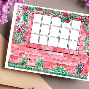 postale aquarelle jardin, Impression d'art | aquarelle peinte à la main | Rosiers grimpants | Jardin rustique | Carte jardin simple et charmante