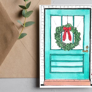 Carte postale de porte rustique aquarelle peinte à la main imprimable, impression d’art | Carte postale de porte de couronne | Carte postale de porte fantaisie | Téléchargement instantané