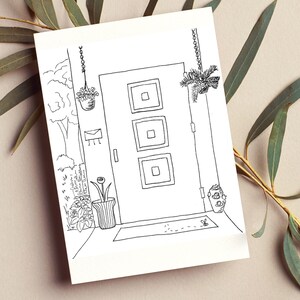 Druckbare Malvorlage Pflanzen und Haustür Postkarte | Blumen Grüße Postkarte | Garten und Haus Postkarte | Sofort Download