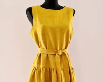 Yellow dresss/Simple linen dress / Summer dress in medium weight linen /Everyday dress /Casual pleated  dress /Loose linen sleeveless dress/