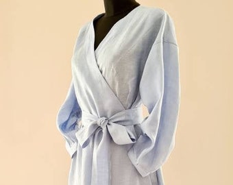 Linen dress for woman/ Bridesmaid dress/ Wrap linen dress/ Boho dress/ Linen tunic/ Blue bridesmaid dress/ Linen kimono wrap dress
