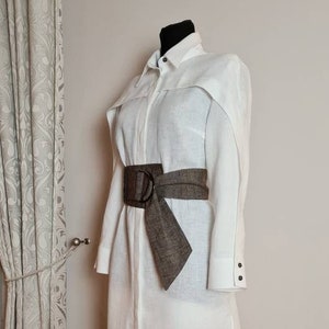 Semi-fitted long shirt/ Linen Shirt Dress/ White Linen Shirt Dress with Brown Wide Belt/ Button up Shirt with Obi Belt