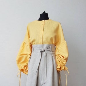 Blouse puff sleeves / yellow mandarin collar shirt / Bishop Sleeve Blouse/balloon sleeves woman top/ linen Victorian  shirt/ botton up shirt