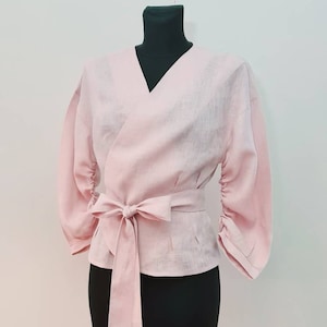 Wrapblouse/ blouse with a wrap belt/ bishop style/ linen pink blouse/ elegant blouse V-neck/ elegant vintage top/ woman top/edwardian style