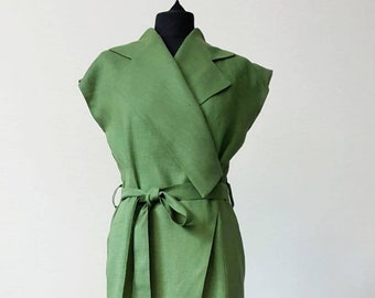 Linen casual dress, green summer dress, elegant unusual design, wrap casual dress with pockets, midi linen sleeveless robe dress with belt