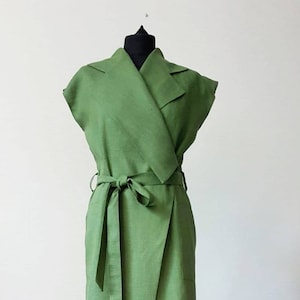 Linen casual dress, green summer dress, elegant unusual design, wrap casual dress with pockets, midi linen sleeveless robe dress with belt