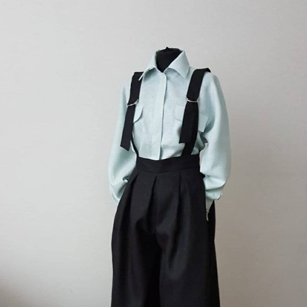 Suspenders pants, wide leg trousers, pleated wide leg pants for woman, linen loose pants, extravagant trousers with braces, linen cullotes