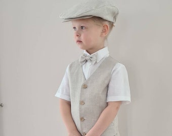 4pcs Boy Wedding Outfit/ Linen Ring Bearer Suit/ Natural Beige Linen Suspender Shorts Waistcoat BowTie/ Baptism Christening Linen outfit