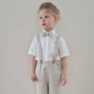3pcs Toddler Ring Bearer Wear/ Boys Linen Suspender Shorts With Bow-tie ...