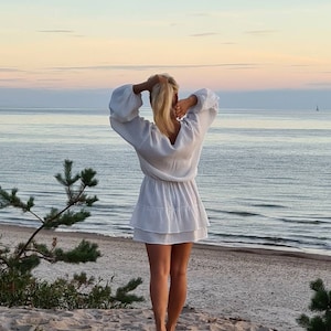 Double gauze dress, Puff-sleeved Dress, V-neck muslin dress, double gauze loose dress, Summer/  Puff-sleeve tiered mini dress/boho dress