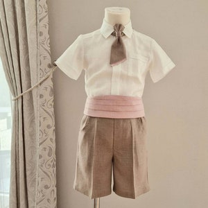 3pcs Toddler Ring Bearer wear/ Boys linen shorts, cummerbund, dusti pink bow-tie/ wedding baptism christening outfit/ beige formal clothes