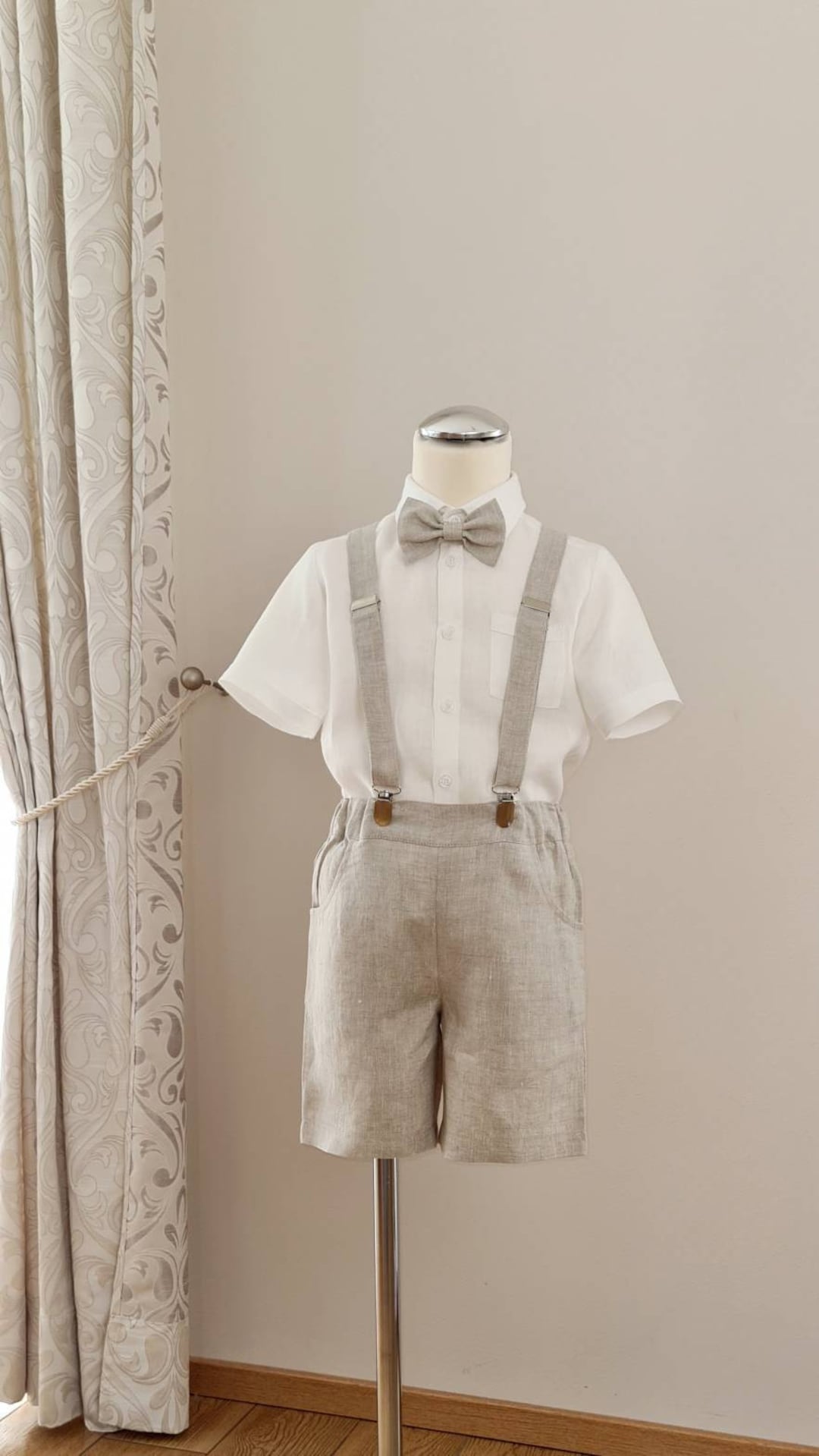 3pcs Toddler Ring Bearer Wear/ Boys Linen Suspender Shorts With  Bow-tie/boys Wedding Baptism Christening Outfit/melange Beige Formal  Clothes