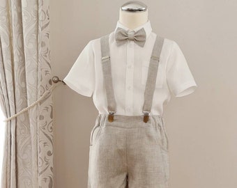 3pcs Toddler Ring Bearer wear/ Boys linen suspender shorts with bow-tie/Boys wedding baptism christening outfit/Melange beige formal clothes