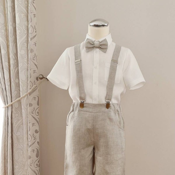 3pcs Toddler Ring Bearer wear/ Boys linen suspender shorts with bow-tie/Boys wedding baptism christening outfit/Melange beige formal clothes