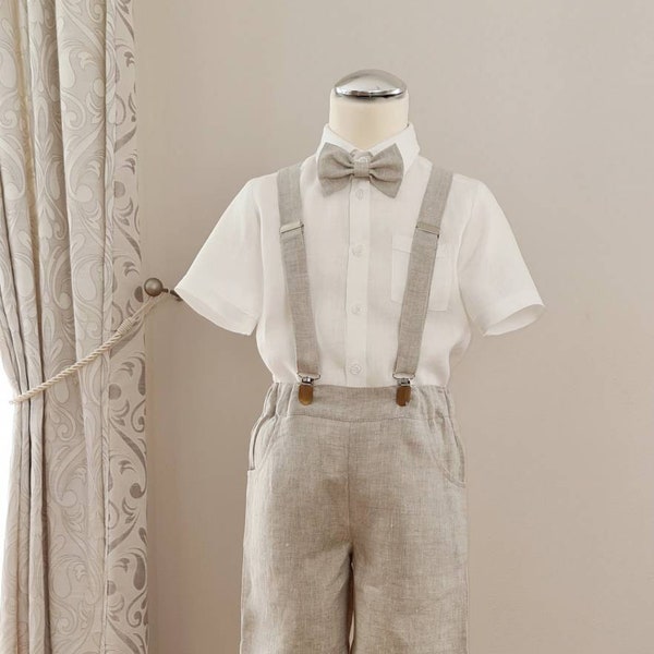 3 Stück Kleinkind Ring Träger tragen / Jungen Leinen Hosenträger Shorts mit Fliege / Jungen Hochzeit Taufe Outfit / Melange beige formelle Kleidung