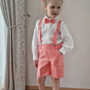 3pcs Toddler Ring Bearer wear/ unisex linen suspender shorts with bow-tie/Boys wedding baptism christening outfit/girls purple formal shorts