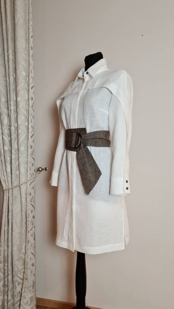 Semi-fitted long shirt/ Linen Shirt Dress/ White Linen Shirt Dress with Brown Wide Belt/ Button up Shirt with Obi Belt