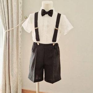 3pcs Baby Toddler Boys Ring Bearer linen wear/ Boys linen suspender shorts/ wedding baptism christening outfit/black formal clothes for boys