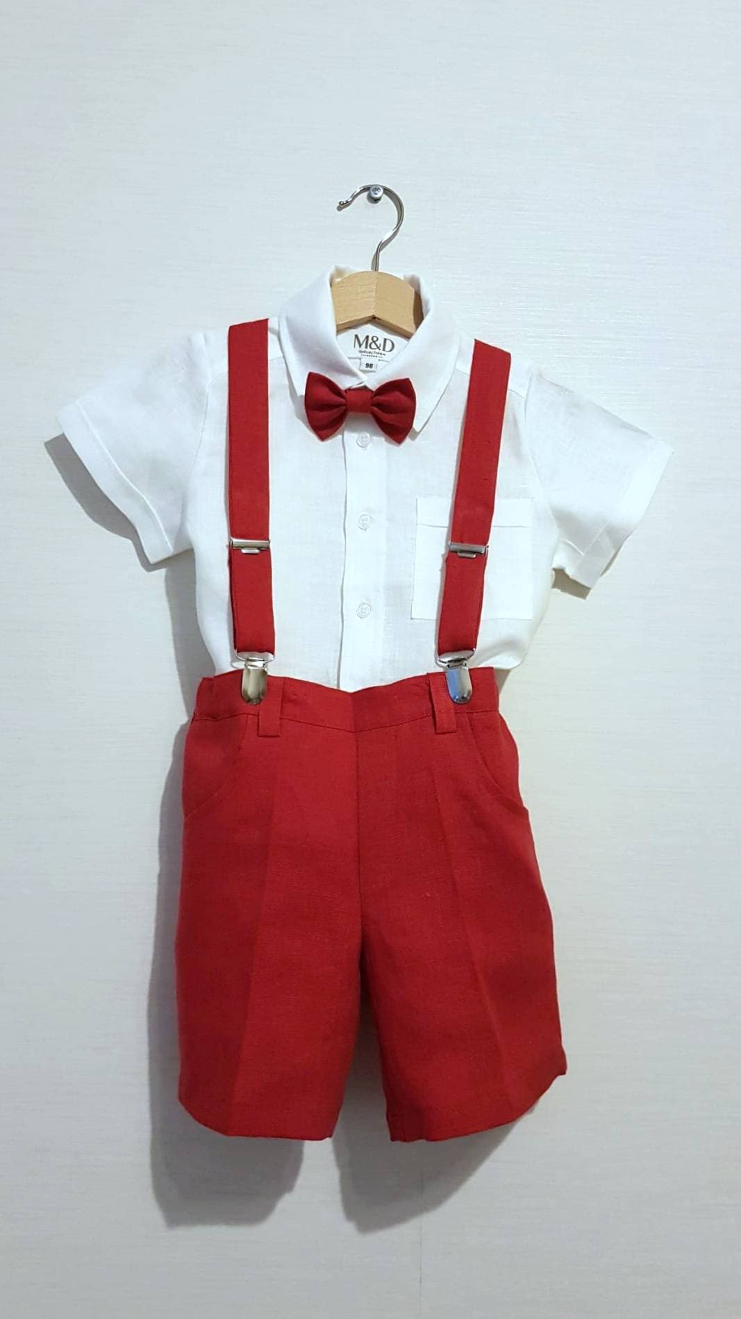 3pcs Toddler Ring Bearer wear Boys linen suspender shorts with bowtie…