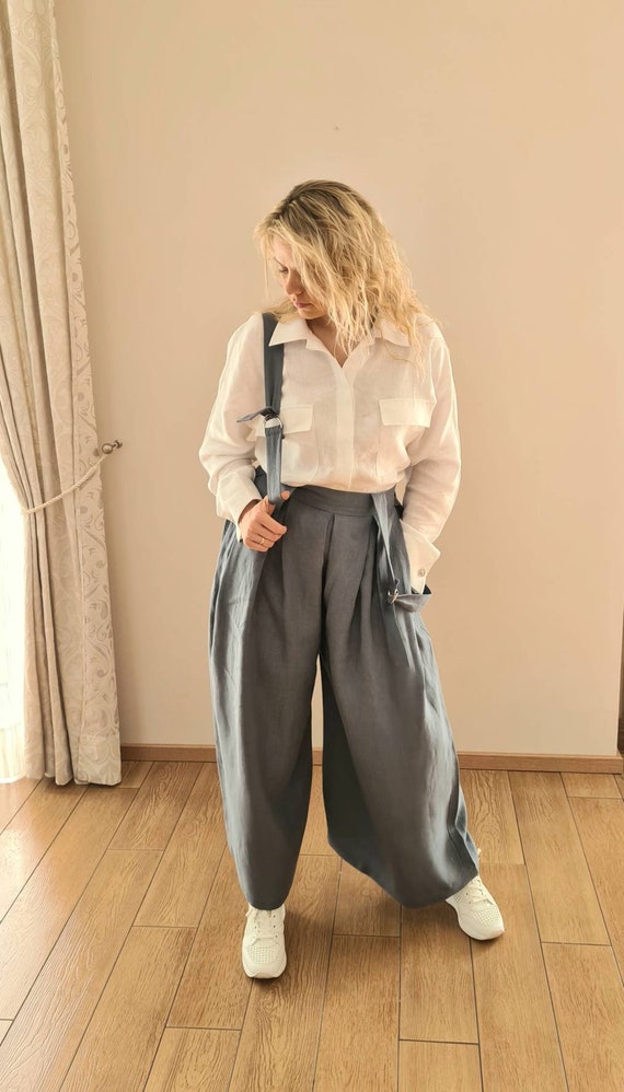 Suspenders Pants, Wide Leg Trousers, Pleated Wide Leg Pants for