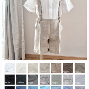 3pcs Toddler Ring Bearer wear/ Boys linen suspender shorts with bow-tie/Boys wedding baptism christening outfit/Melange beige formal clothes