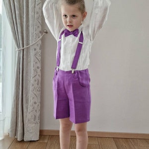 3pcs Toddler Ring Bearer wear/ unisex linen suspender shorts with bow-tie/Boys wedding baptism christening outfit/girls purple formal shorts