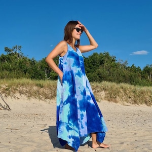 Tie Dye Double Gauze loose Dress/ Spaghetti Cotton Maxi Dress/ Blue Woman Long Beach Dress/ Oversized summer clothes/ Big Size Woman wear/