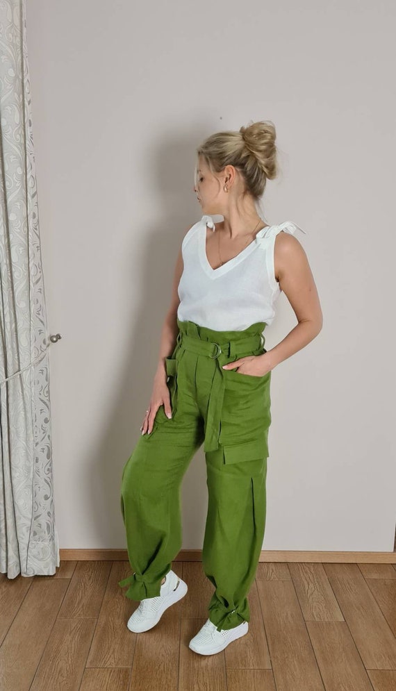 Pantalon femme ample en lin Pantalon taille haute en lin Pantalon en tissu naturel vert avec ceinture Pantalon cargo en lin vert Pantalon en lin a jambe large Etsy France