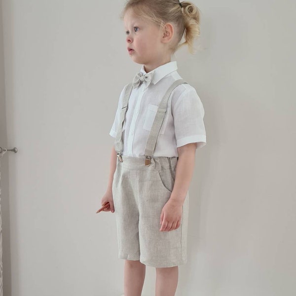 Page Boy beige linen shorts with suspenders, toddler sage ring bearer outfit, tan teens wedding outfit, gray shorts with straps and bow-tie