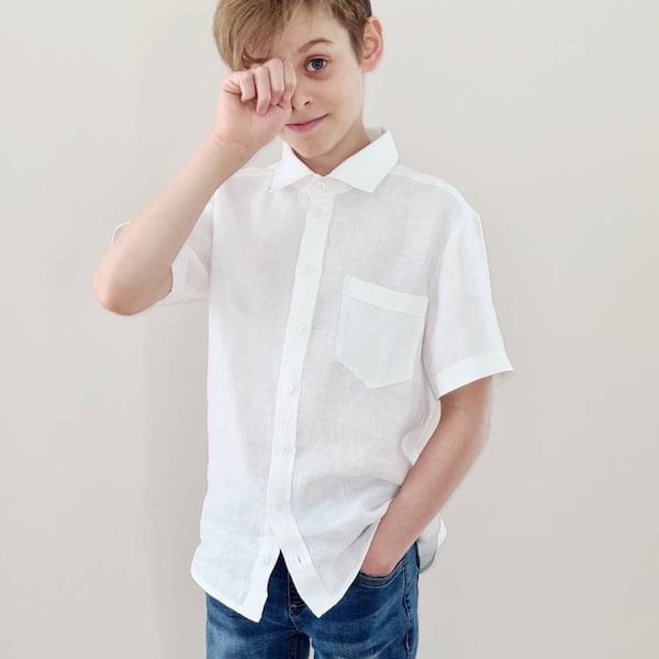Boy's White Linen Shirt / Toddler Short Sleeved Collar Shirt/ Christening Wedding Baptism Solid Shirt/ Ring Bearer Wear/