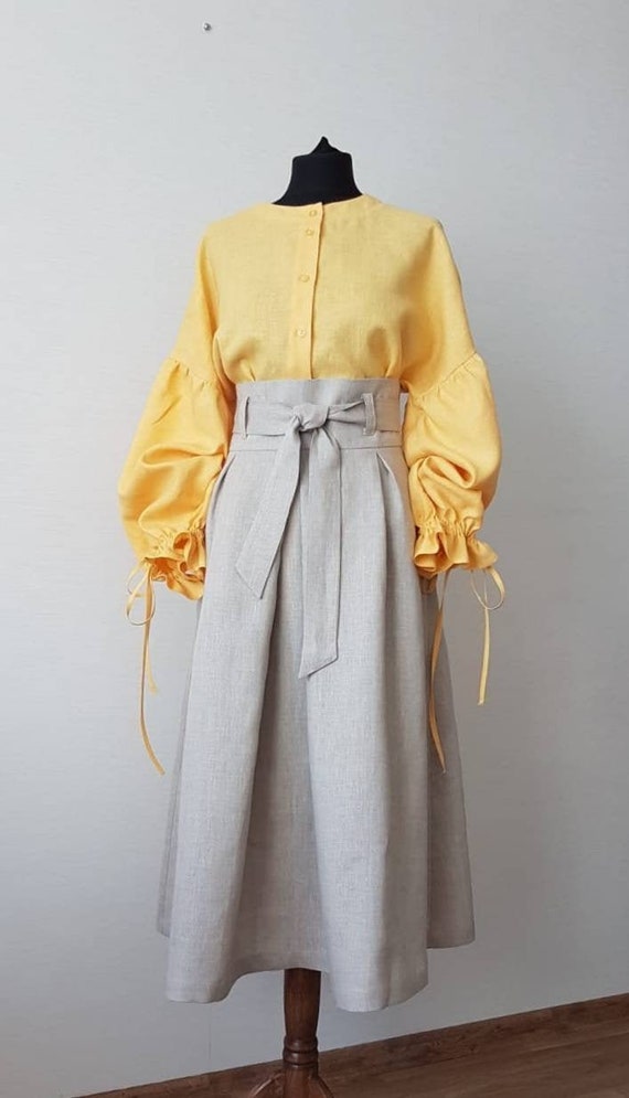 Blouse Puff Sleeves / Yellow Mandarin Collar Shirt / Bishop Sleeve
