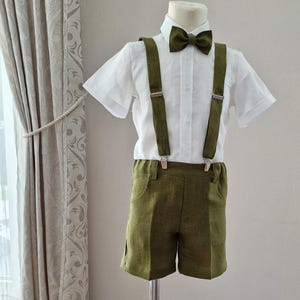 3pcs Toddler Ring Bearer wear/ Sand boys linen suspender shorts with bow-tie/ olive green boys wedding baptism outfit/ sageformal clothes