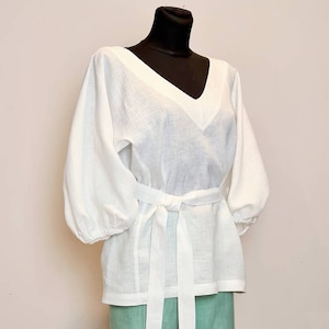 Linen blouse/ flax blouse/ loose blouse/ half puff sleeves / deep V-neck blouse/ boho blouse/ boho top/ Oversizes top