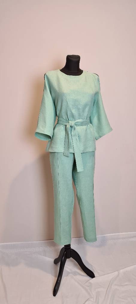 Linen Suit With Basque/ 3pcs Linen Suit/linen Blouse and Trousers With ...