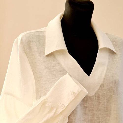 Blouse puff sleeves/ A-line blouse/ white shops loose blouse/Bishop Sleeve Linen Blouse in White/balloon sleeves top