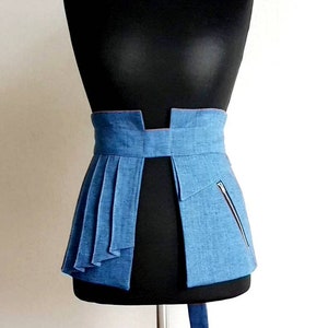 Obi style belt/ wrapp belt/ unique belt with pockets with zip/Obi Style Wrap Blue Belt/ Denim Belt / Japan Style Belt /basque denim skirt