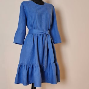 Blue Linen Dress/ midi dress with belt/ Pleated dress/ loose linen dress/ womens dresses/ dress with pockets/boho dress