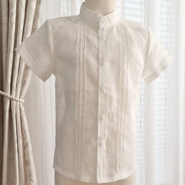 Boy's White Linen Shirt with pleated front / Toddler Short Sleeved Mandarin Collar Shirt/ Christening Wedding Baptism Solid Shirt/