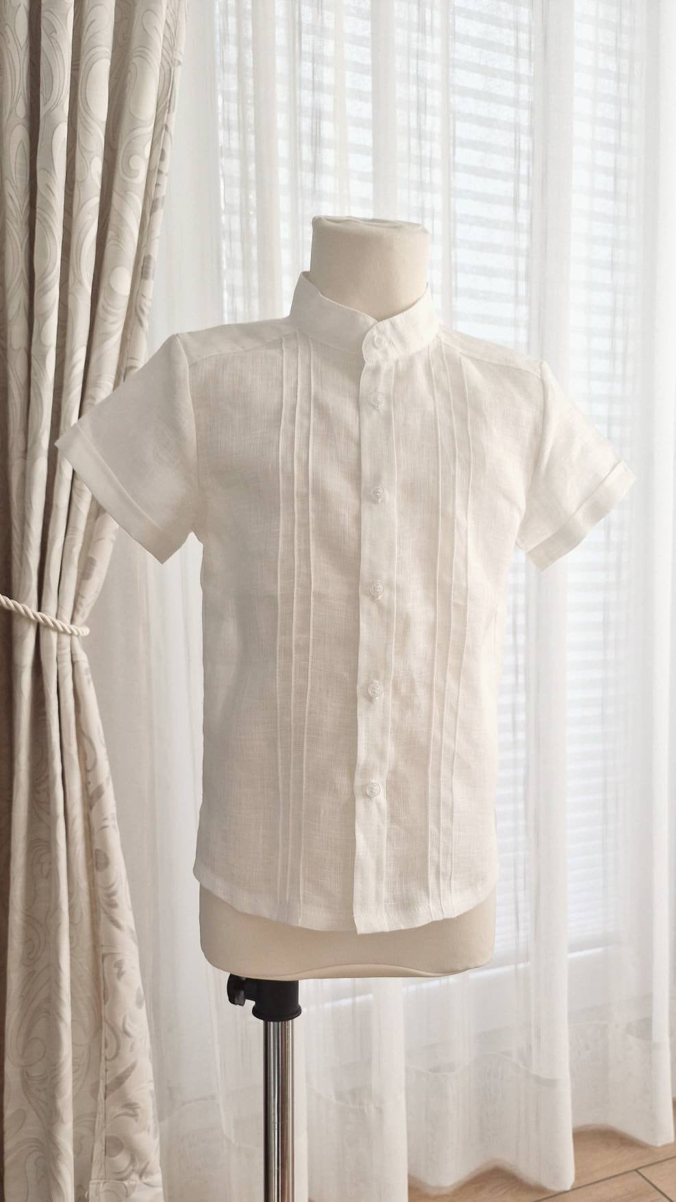 Boy's White Linen Shirt with pleated front / Toddler Short Sleeved Mandarin Collar Shirt/ Christening Wedding Baptism Solid Shirt/