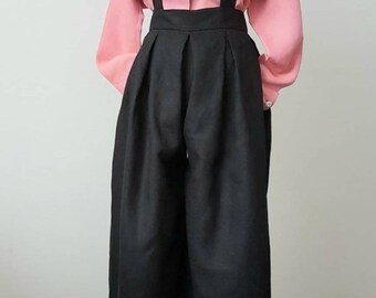 Woolmix suspenders loose black pants, wide leg trousers, pleated wide leg pants for woman, extravagant trousers with braces, woman cullotes