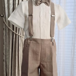 3pcs Toddler Ring Bearer linen wear/ Sage boys linen suspender shorts with bow-tie/ green boys wedding baptism outfit/ blue formal clothes