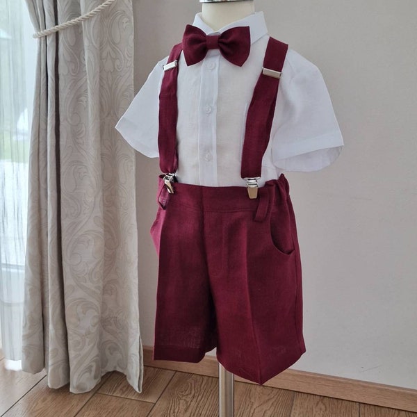 3 stücke Baby Kleinkind Jungen Ring Träger Leinen tragen / Jungen rote Hosenträger Shorts / Hochzeit Taufe Outfit / weinrote Leinen Kleidung für Jungen