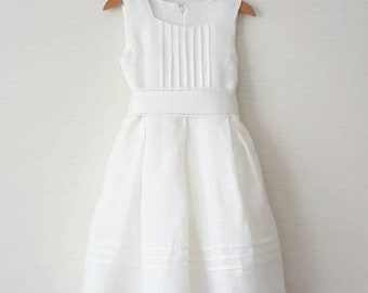 Flower girl dress/ white linen baby girl dress/ flower girl white wedding sleevless dress / christening baptism long linen white gown dress